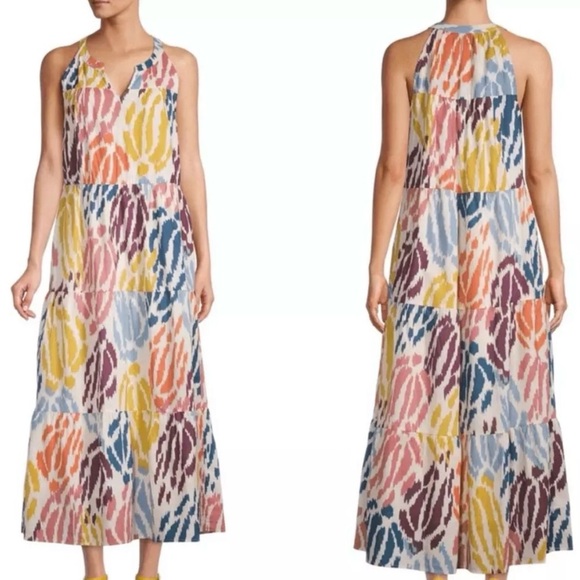 T Tahari Tiered Sleeveless Multicolor Print Maxi Dress Size Medium Pockets - Picture 2 of 10
